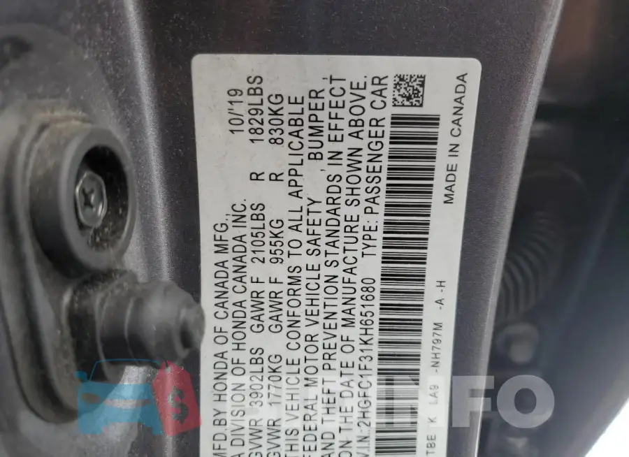 2HGFC1F31KH651680 Photo# 12