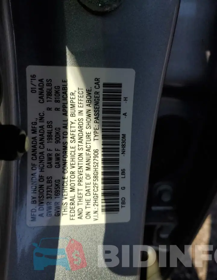 2HGFC2F58GH527906 Photo# 12