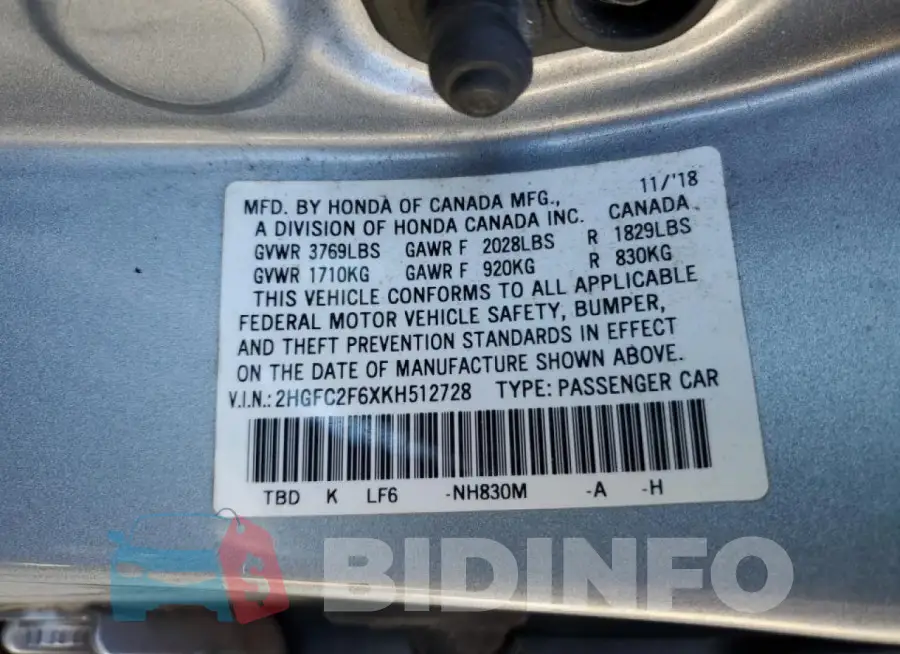 2HGFC2F6XKH512728 Photo# 12