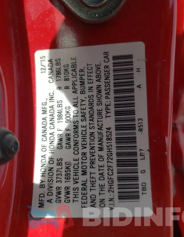 2HGFC2F72GH518524 Photo# 13