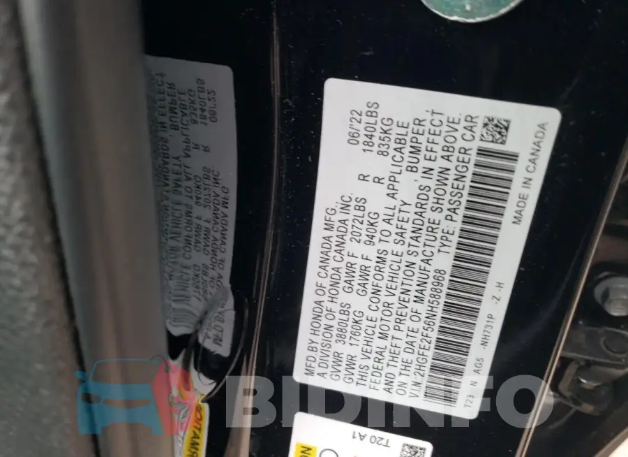 2HGFE2F56NH588968 Photo# 12