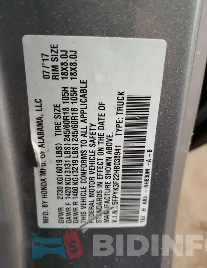 5FPYK3F22HB038941 Photo# 13
