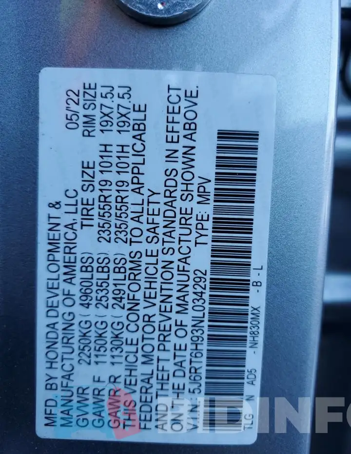 5J6RT6H93NL034292 Photo# 13