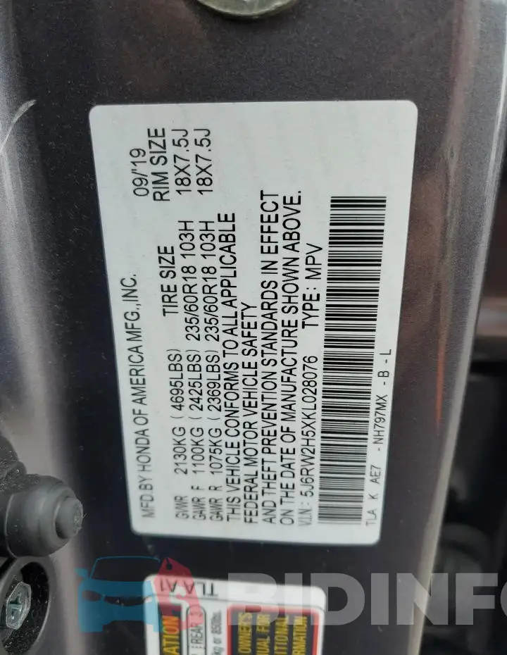 5J6RW2H5XKL028076 Photo# 13