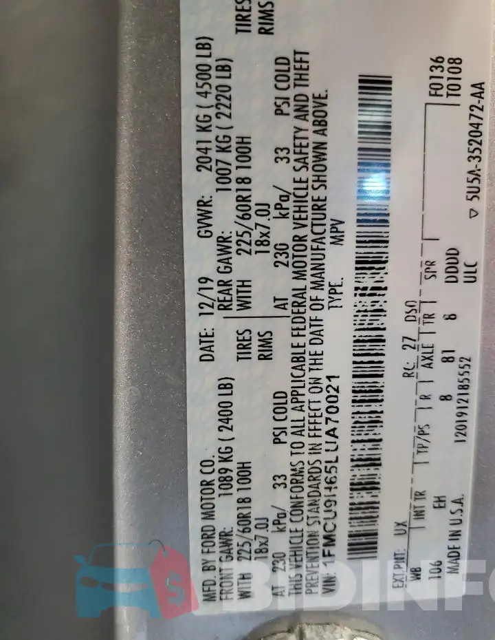 1FMCU9H65LUA70021 Photo# 13
