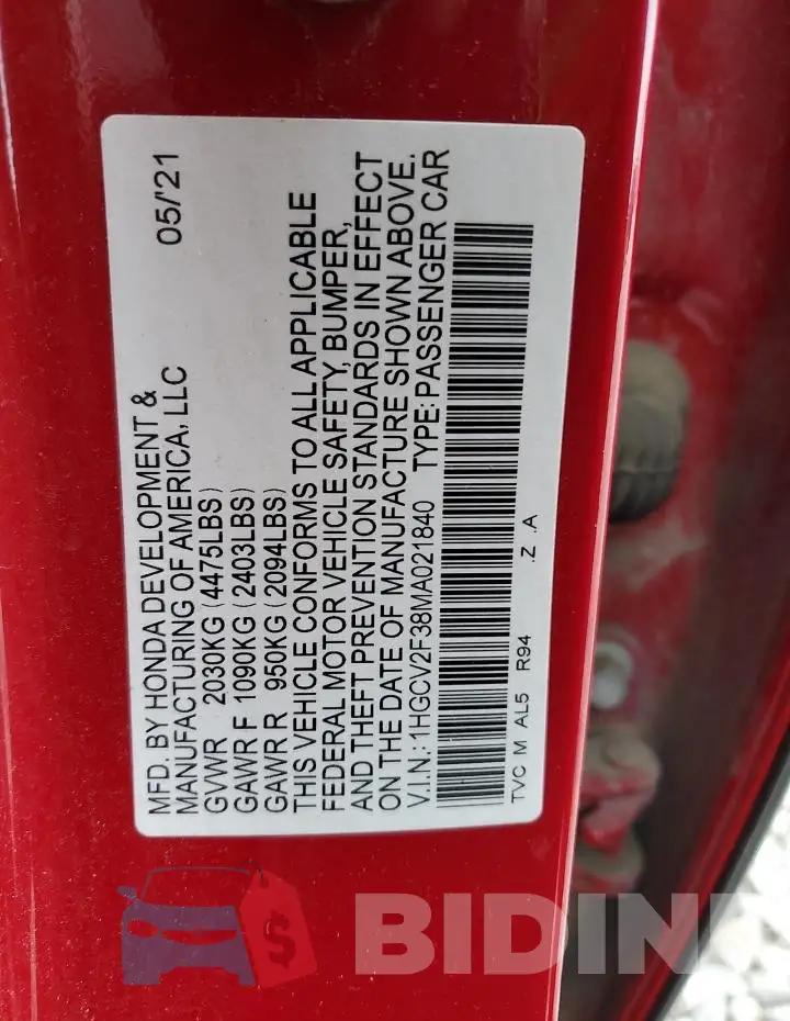 1HGCV2F38MA021840 Photo# 12