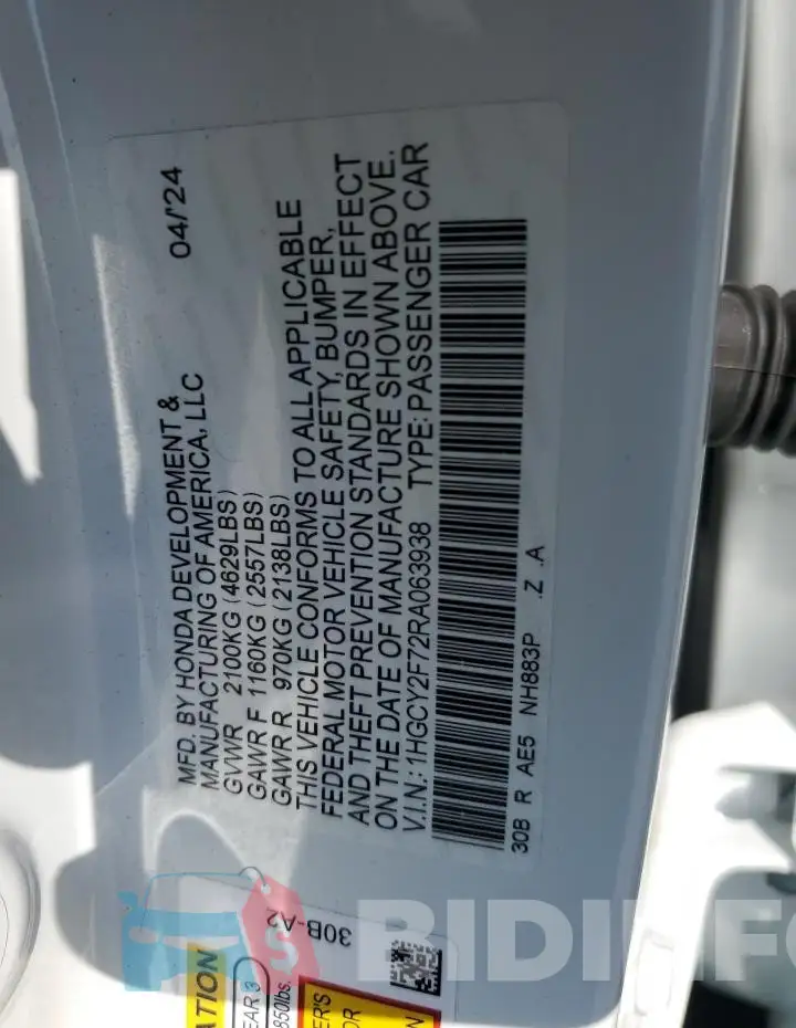 1HGCY2F72RA063938 Photo# 12