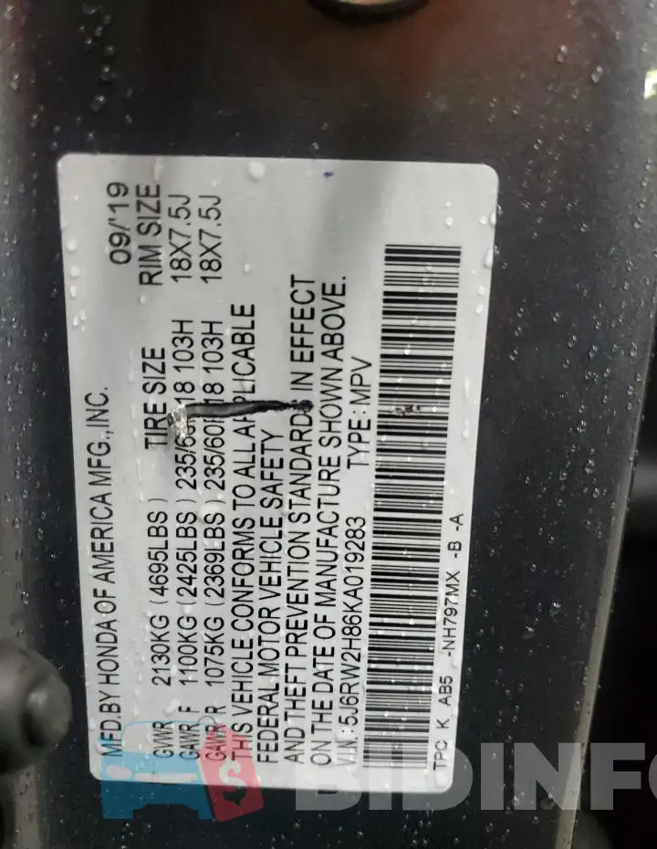 5J6RW2H86KA019283 Photo# 13