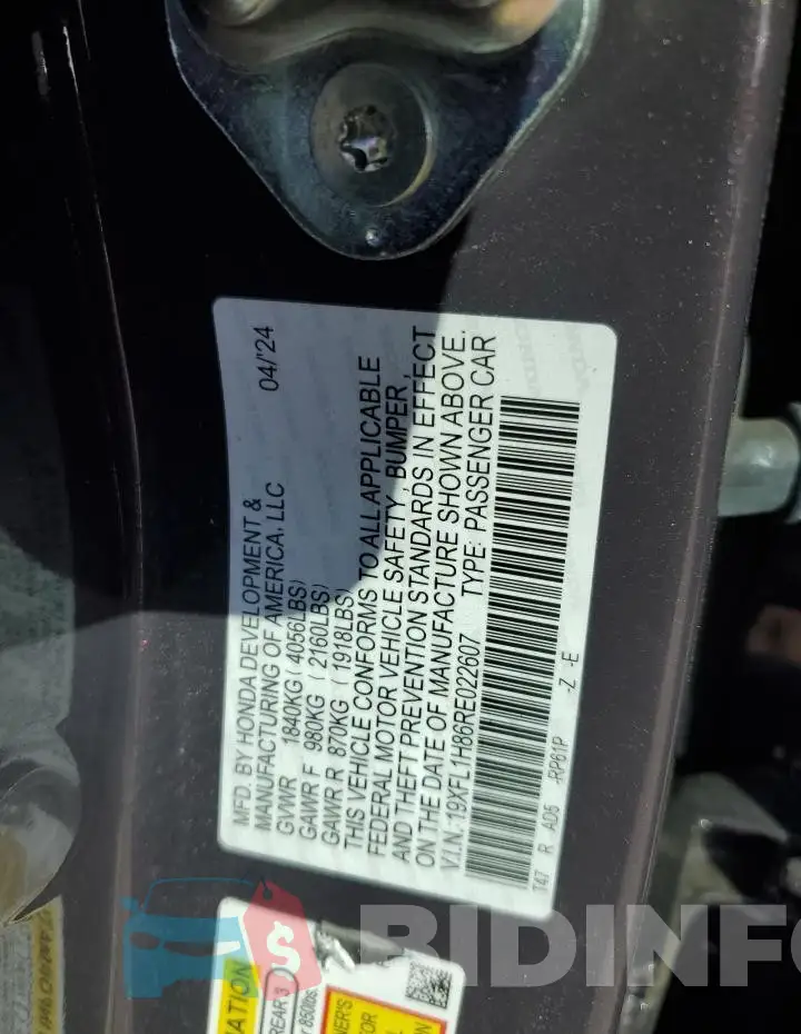 19XFL1H86RE022607 Photo# 12
