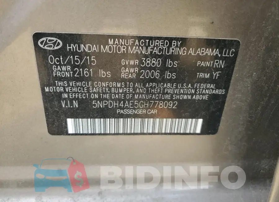 5NPDH4AE5GH778092 Photo# 12