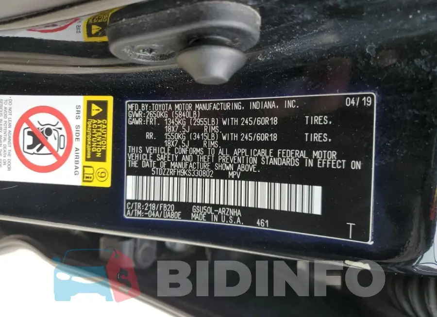 5TDZZRFH9KS330802 Photo# 13