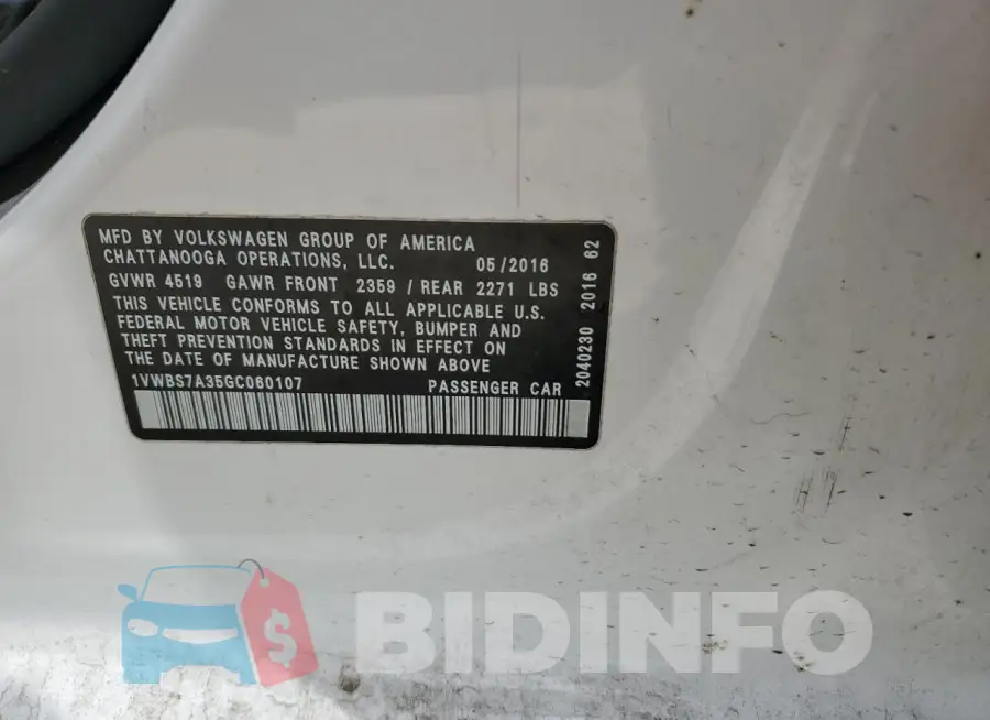 1VWBS7A35GC060107 Photo# 13