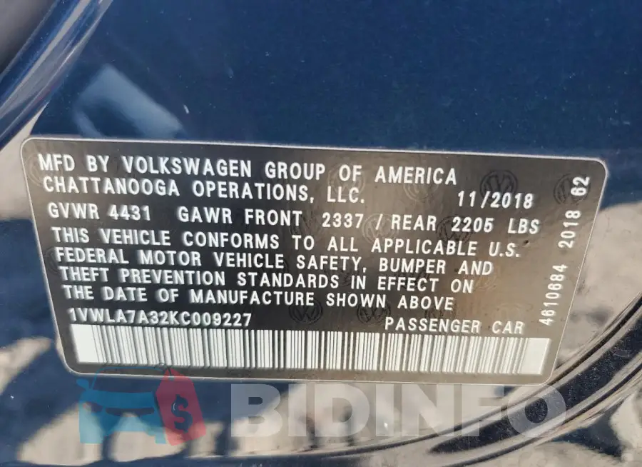 1VWLA7A32KC009227 Photo# 12