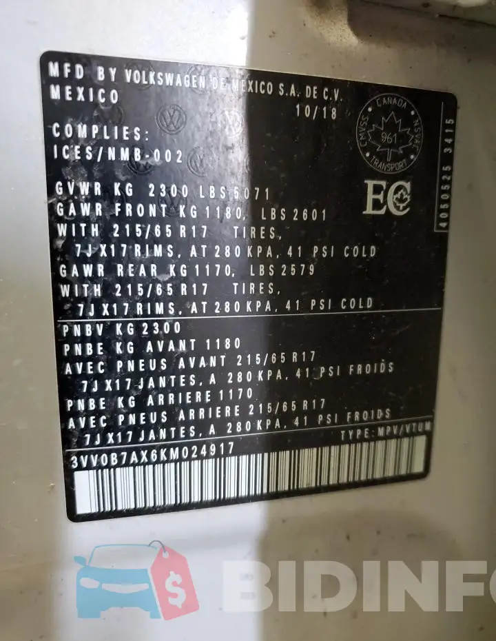 3VV0B7AX6KM024917 Photo# 14