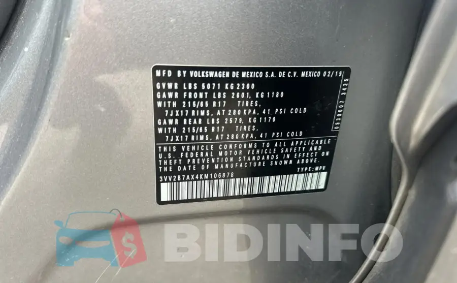 3VV2B7AX4KM106878 Photo# 10