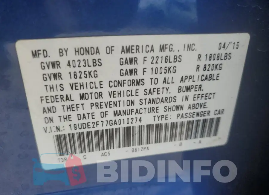 19UDE2F77GA010274 Photo# 13