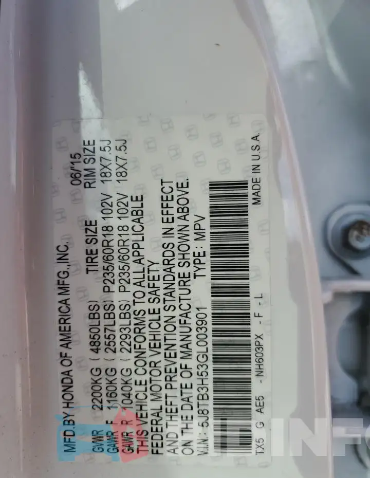 5J8TB3H53GL003901 Photo# 14