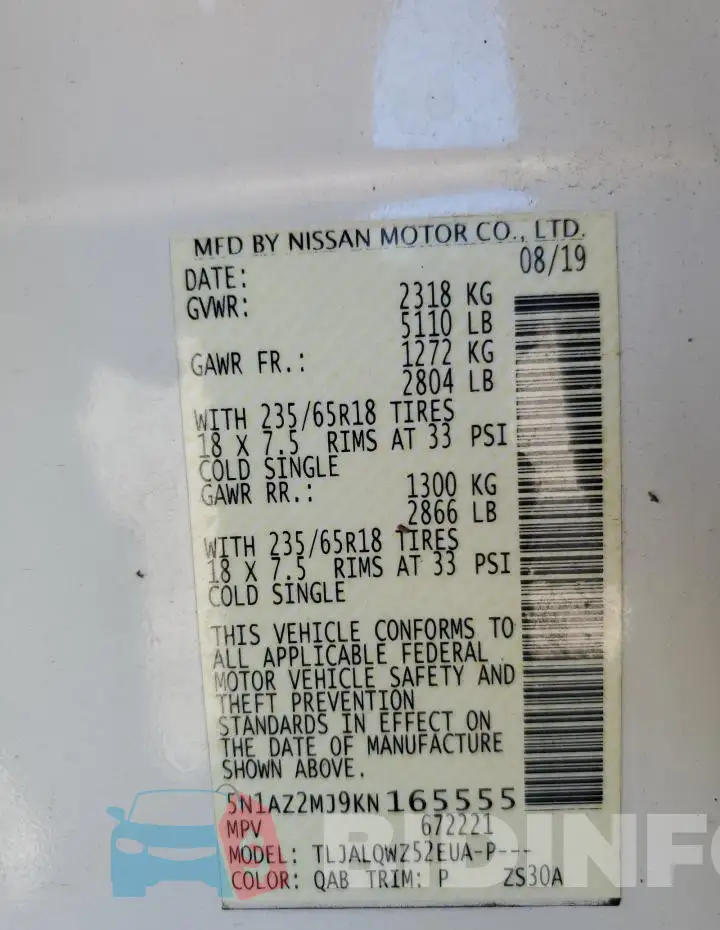 5N1AZ2MJ9KN165555 Photo# 13
