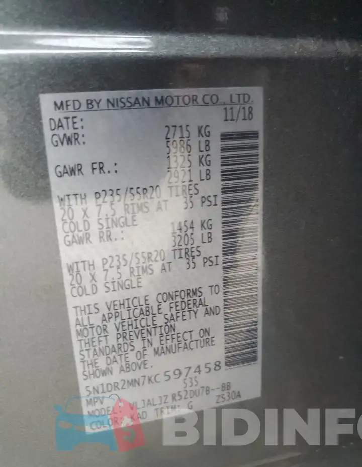 5N1DR2MN7KC597458 Photo# 14