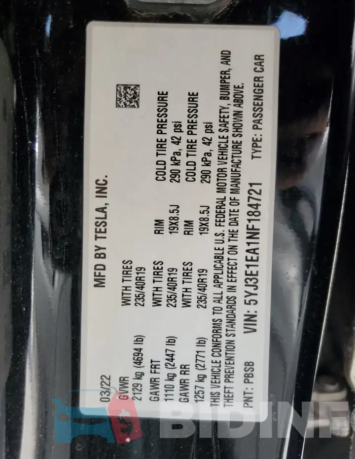 5YJ3E1EA1NF184721 Photo# 13