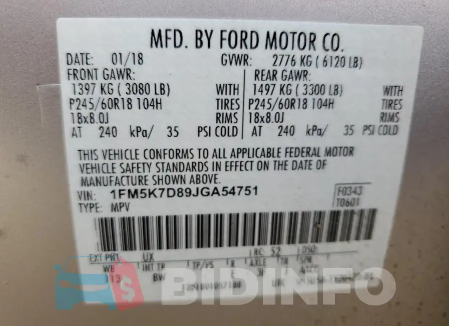 1FM5K7D89JGA54751 Photo# 13