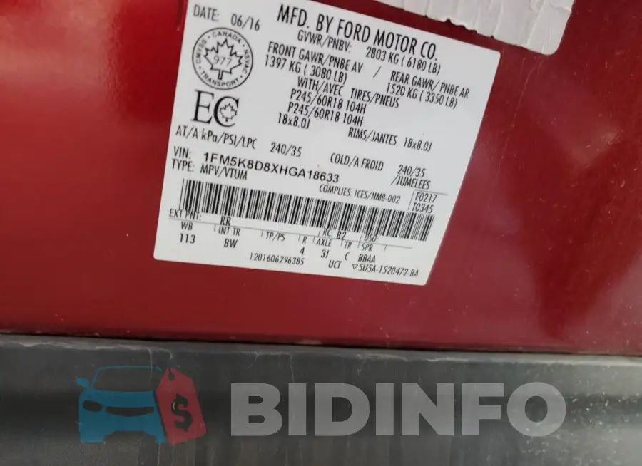 1FM5K8D8XHGA18633 Photo# 13