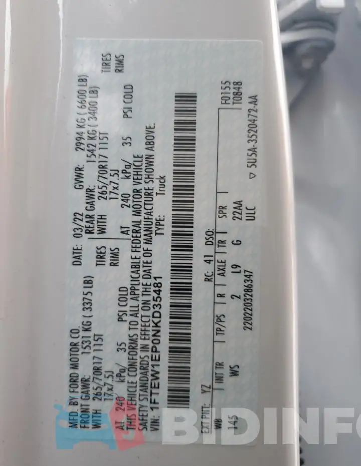 1FTEW1EP0NKD35481 Photo# 12