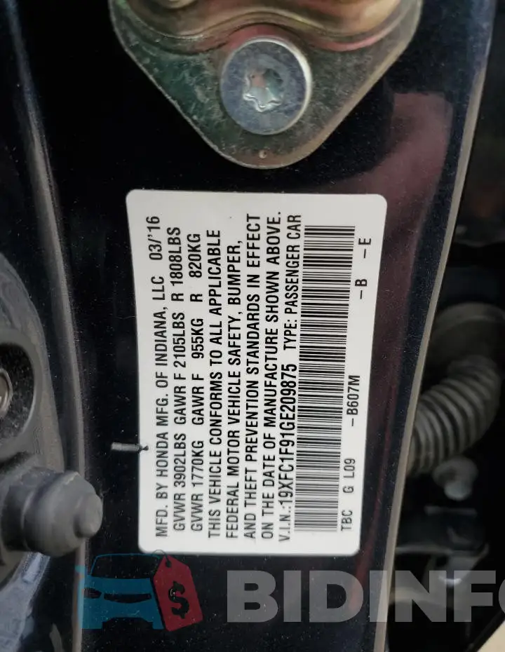 19XFC1F91GE209875 Photo# 12