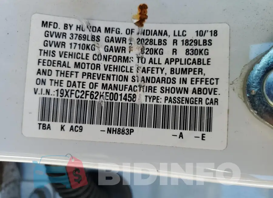 19XFC2F62KE001458 Photo# 13