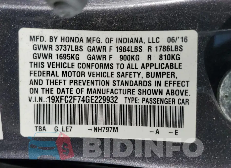 19XFC2F74GE229932 Photo# 13