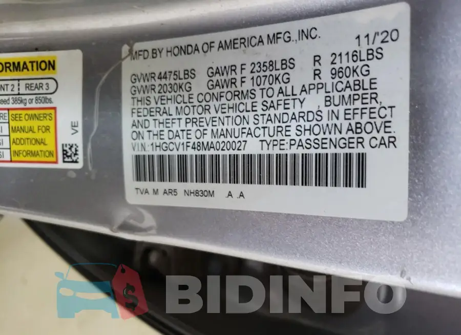 1HGCV1F48MA020027 Photo# 12