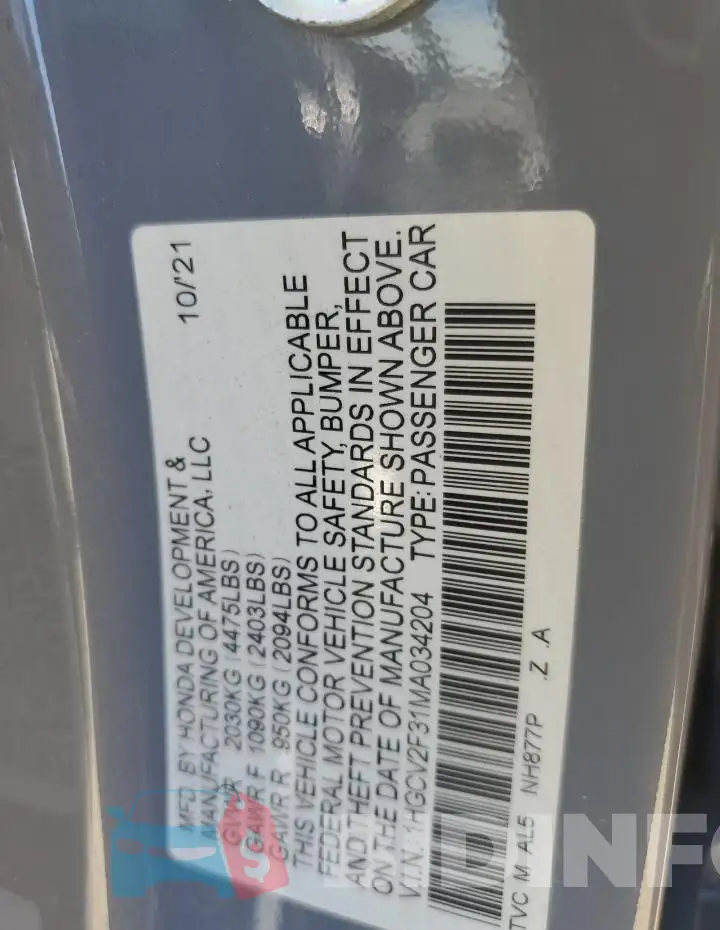 1HGCV2F31MA034204 Photo# 12