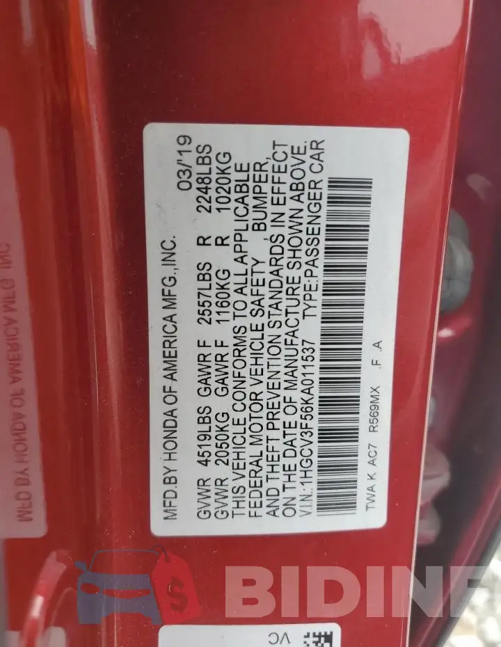 1HGCV3F56KA011537 Photo# 12
