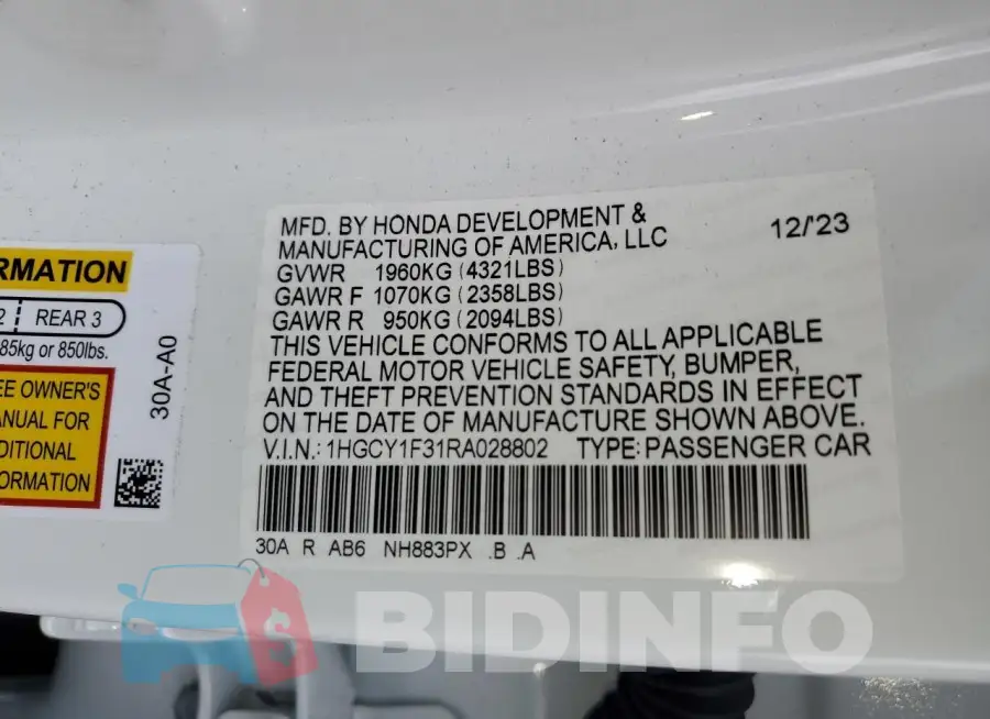 1HGCY1F31RA028802 Photo# 12