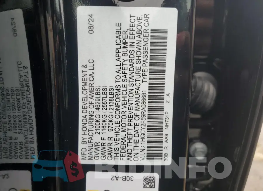 1HGCY2F59RA086681 Photo# 13