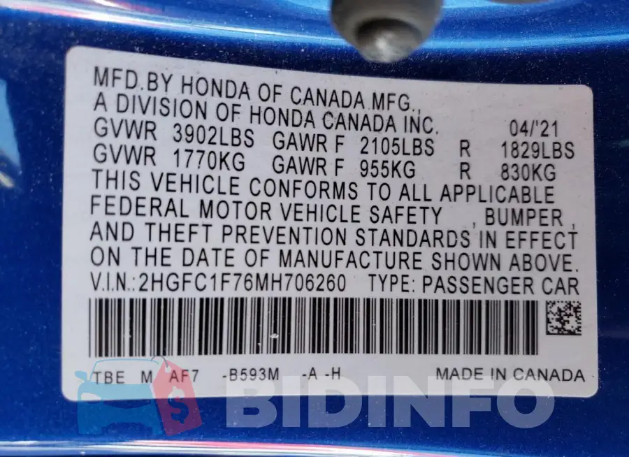 2HGFC1F76MH706260 Photo# 12