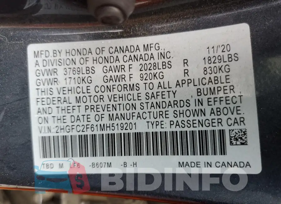 2HGFC2F61MH519201 Photo# 12