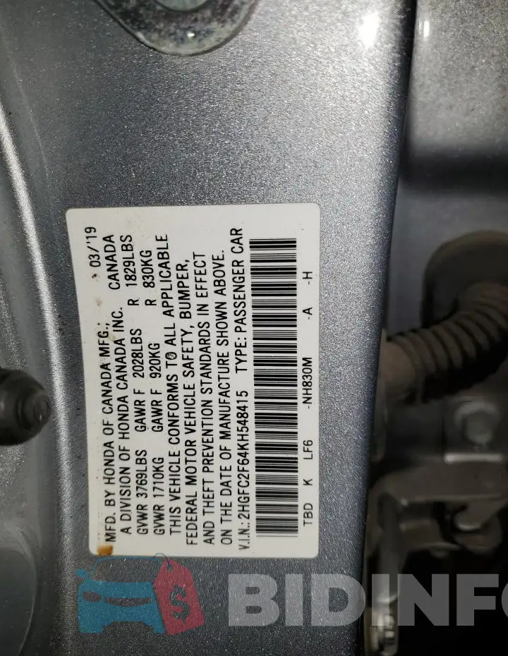 2HGFC2F64KH548415 Photo# 13
