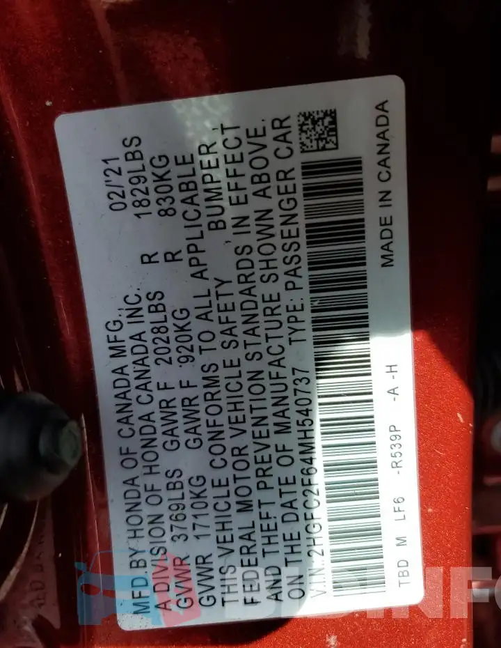 2HGFC2F64MH540737 Photo# 12