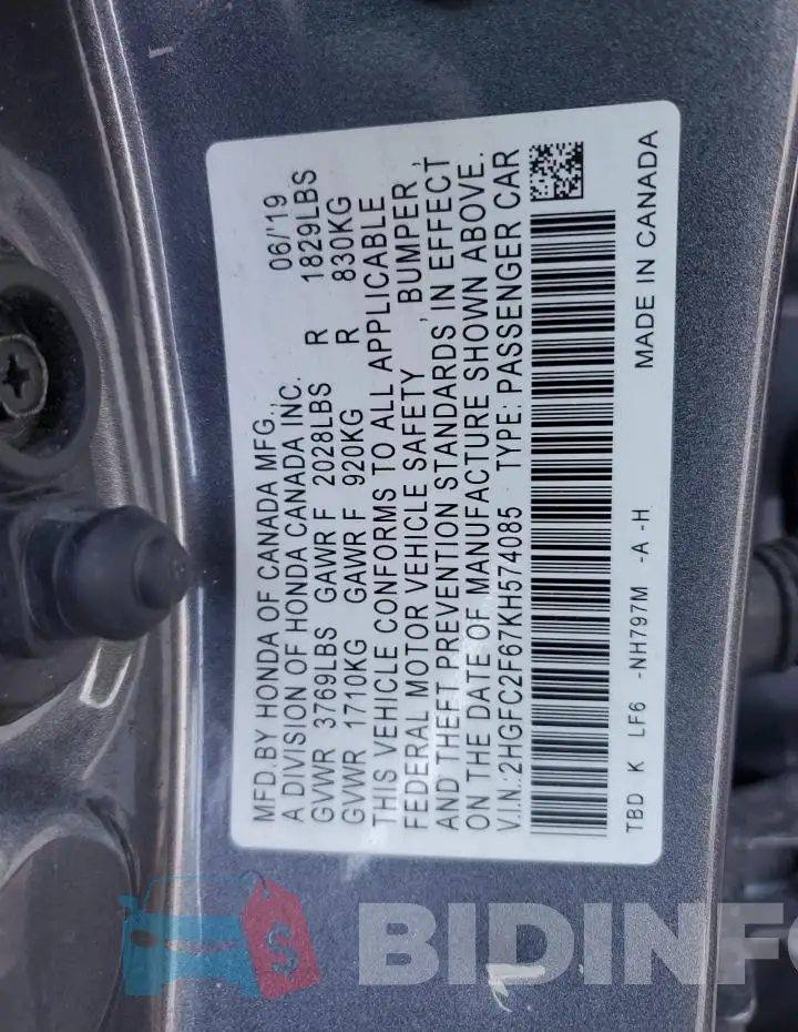 2HGFC2F67KH574085 Photo# 13
