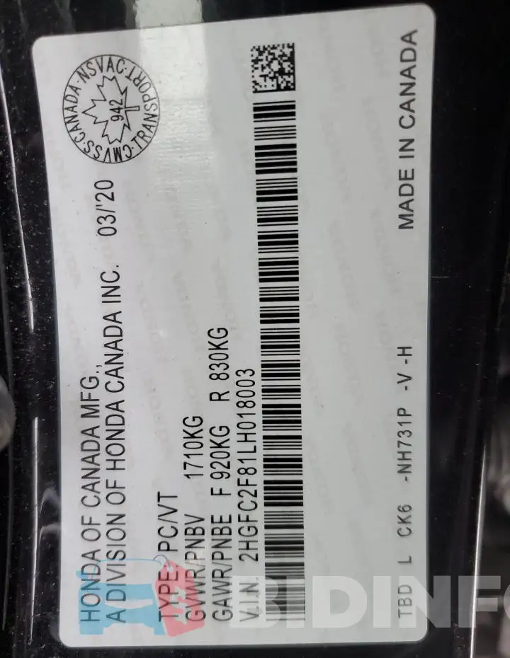 2HGFC2F81LH018003 Photo# 13