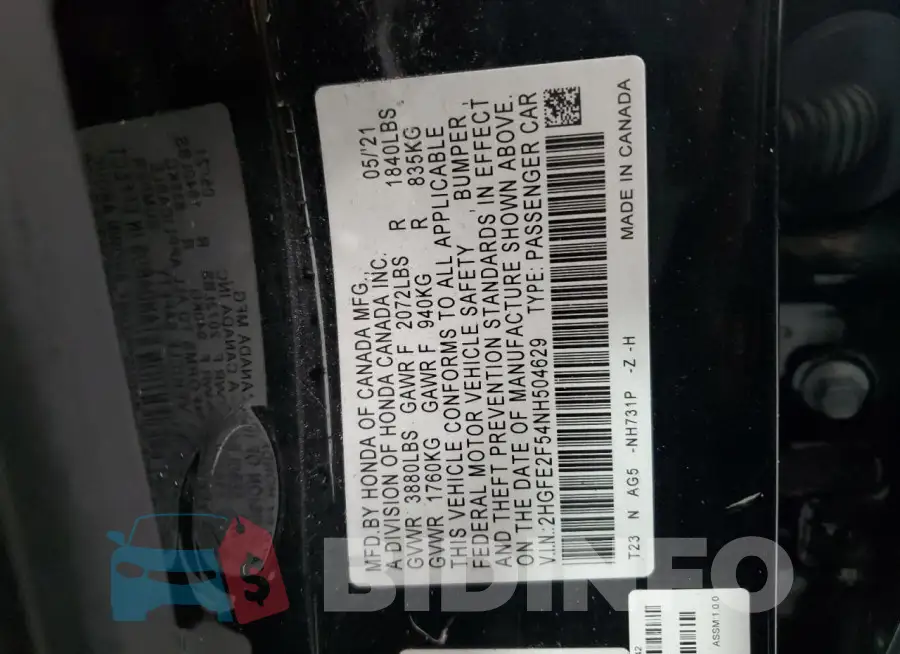 2HGFE2F54NH504629 Photo# 13