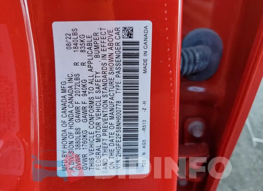 2HGFE2F58NH600778 Photo# 12