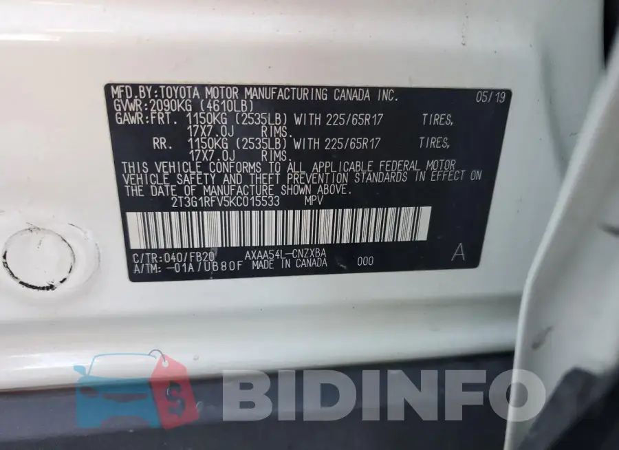 2T3G1RFV5KC015533 Photo# 12