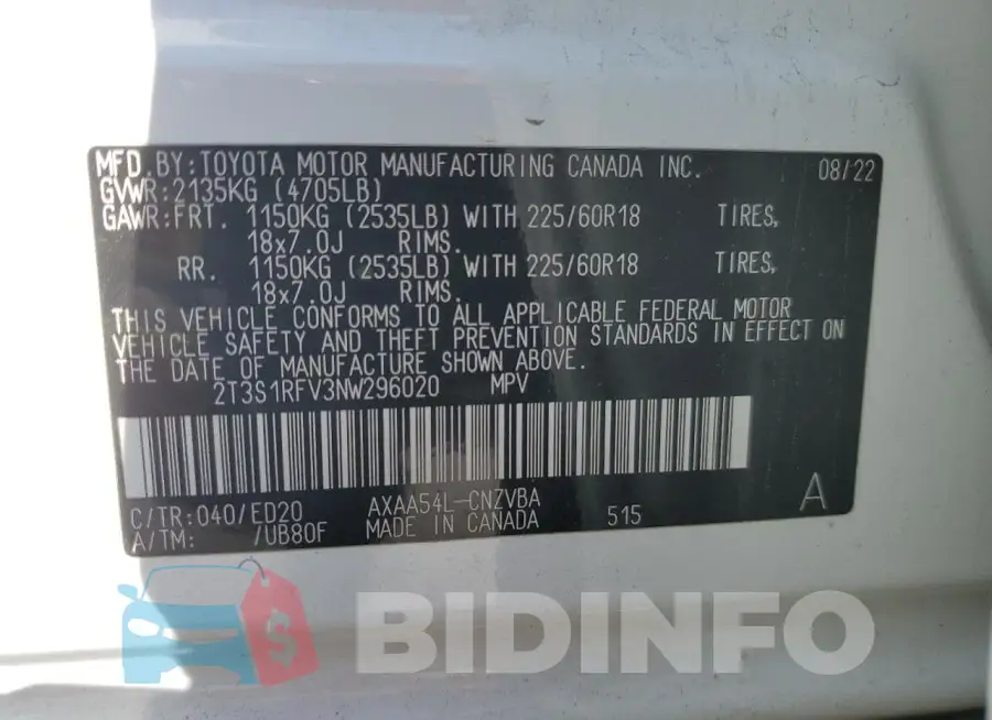 2T3S1RFV3NW296020 Photo# 14