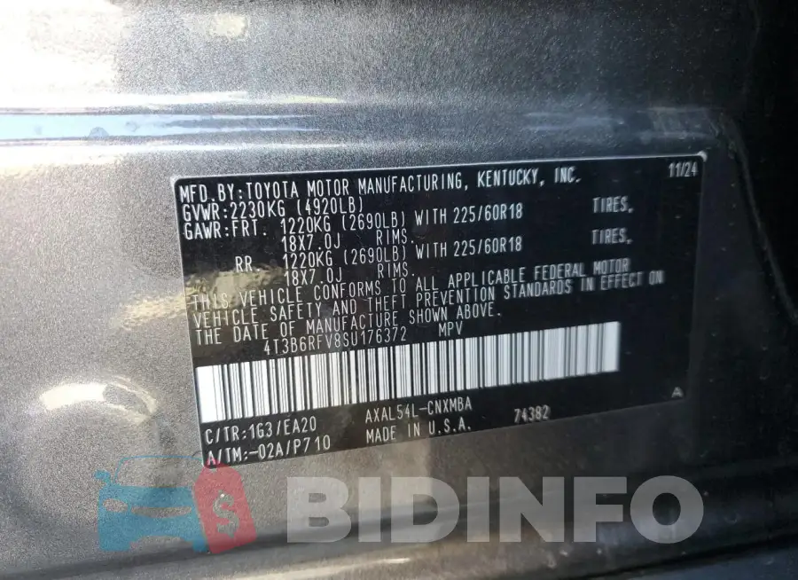 4T3B6RFV8SU176372 Photo# 13