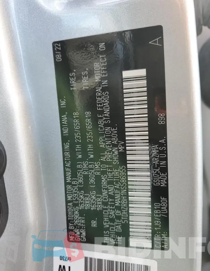 5TDHZRBH1NS586955 Photo# 13