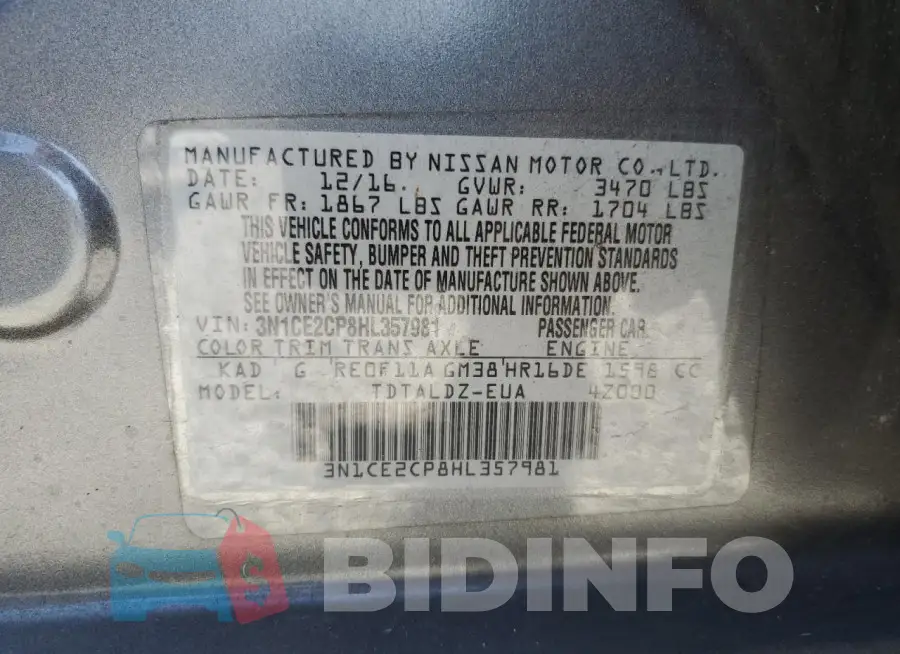 3N1CE2CP8HL357981 Photo# 13