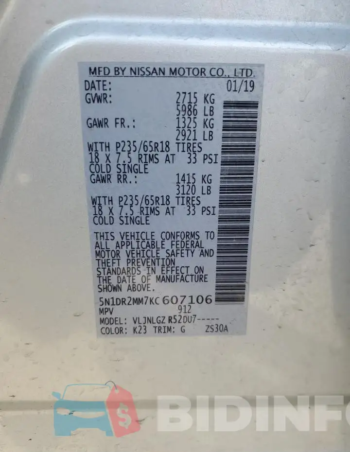 5N1DR2MM7KC607106 Photo# 14