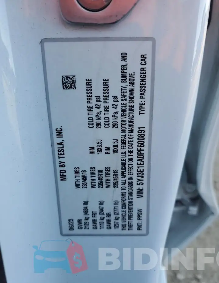 5YJ3E1EA0PF600891 Photo# 12